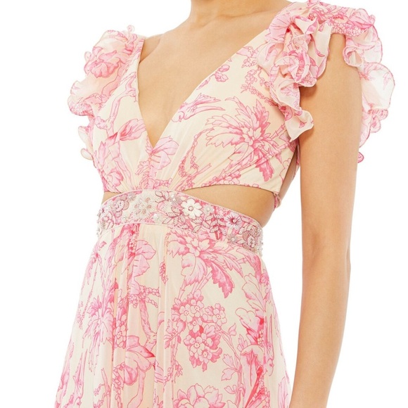 Mac Duggal Anthropologie Floral Printed Ruffle Shoulder Lace Up Gown size 2. - Picture 9 of 17